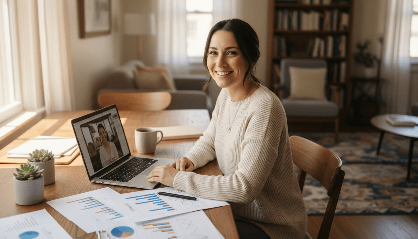 Professional woman working from home office with life insurance documents on desk
