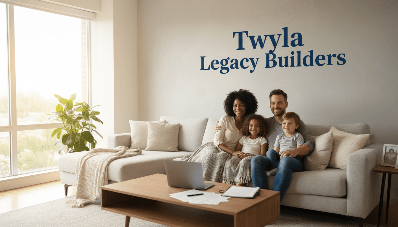 Diverse family in a living room representing security and trust, with Twyla Legacy Builders name displayed.